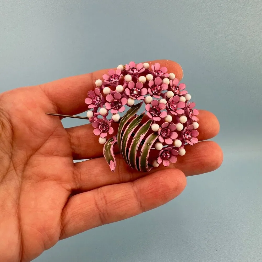 Vintage Rhinestone Flower Brooch Pink Japanned Enamel Floral Spray Bouquet 2